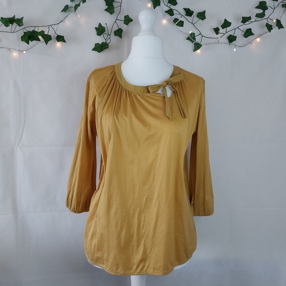 COS Mustard Yellow Side Tie Neck 3/4 Sleeve Relaxed Top Size M 100% Cotton Light - Picture 10 of 10